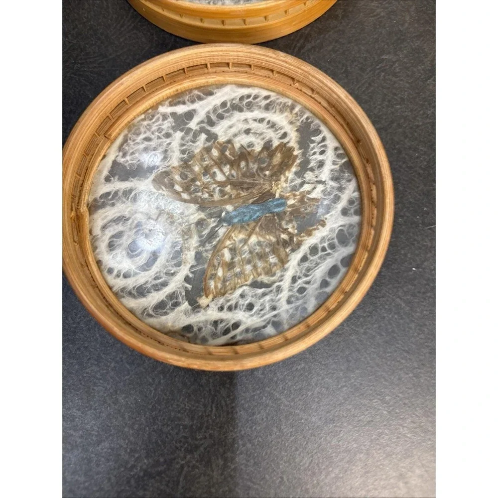 Vtg~1970's~Pressed Butterfly Bamboo Coaster~Set of 4~Japan